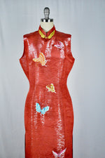 Vintage 1970s Long Red Cheongsam Silk Dress with Slits